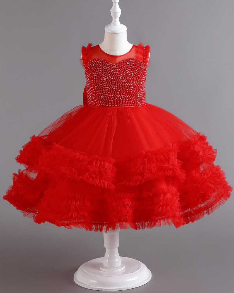 ๐Pearl Embellished Dress โ Tulle & Bow Elegance ๐