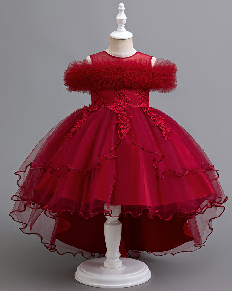 🌹Blossom Cascade: Lace-Flower Tiered Hem Dress for Little Ladies" 👗