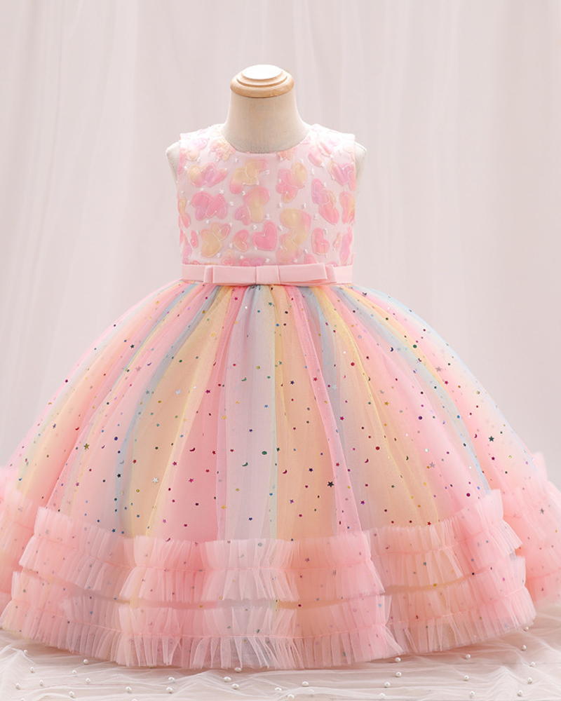 💖Rainbow Love: Color-Burst Tulle Dress with Heart Appliqués & Fluffy Layers 🌈