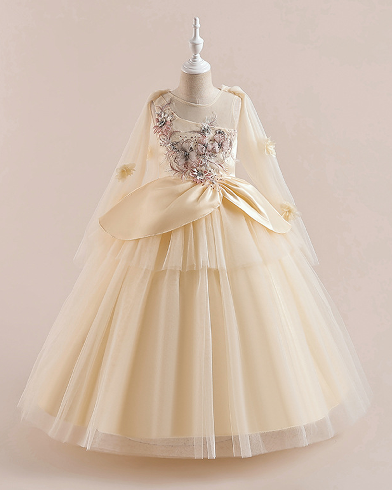 ✨Tulle Cape Gown – Satin Insets & Floral ✨