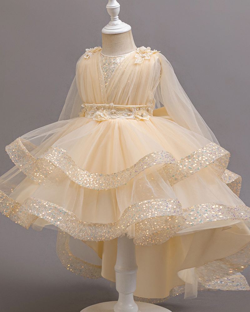 🌺Starlight Garden: Glitter Tulle Ballgown Featuring Sculpted Blooms & Double Ruffles 💫
