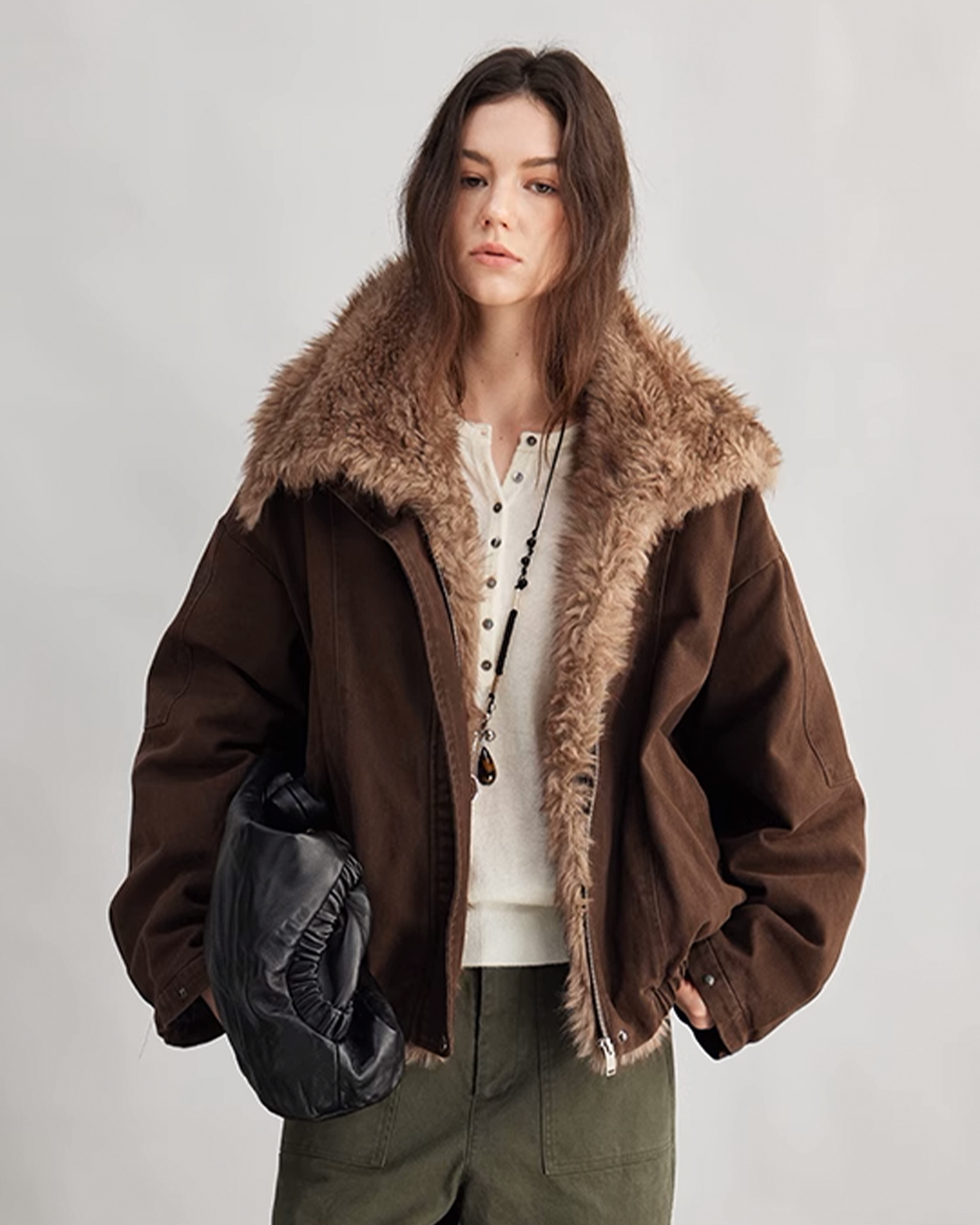 Chestnut Brown Puffer Jacket with Fur Lining - Retro High-Neck Bloom Silhouette