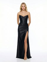 Satin Strapless High Slit Corset Gown Maxi Dress