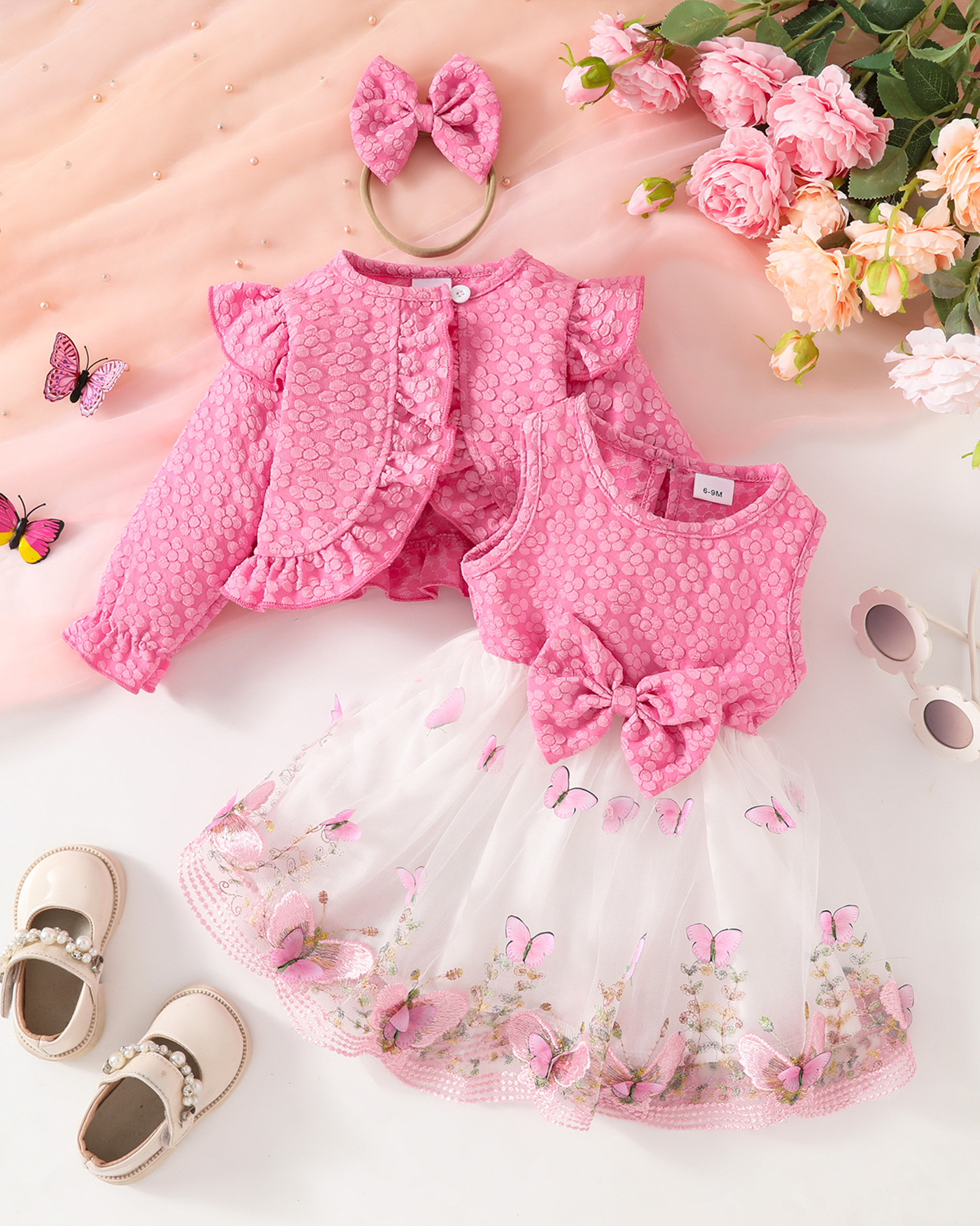 🦋 Floral Texture Set – Dress+Cardigan Duo 🦋