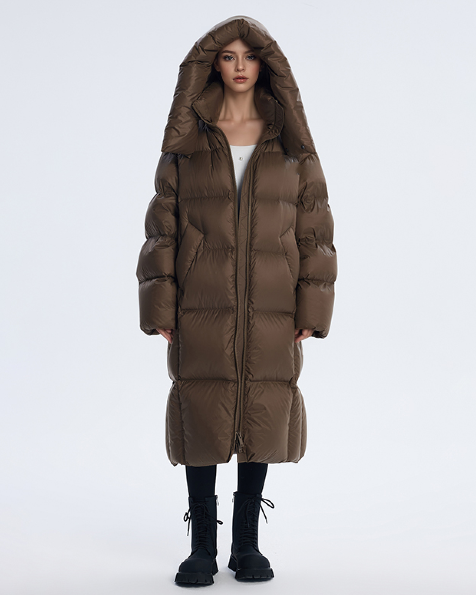 Long Zero-Pressure Goose Down Parka Turtle Quilting & Detachable Hood