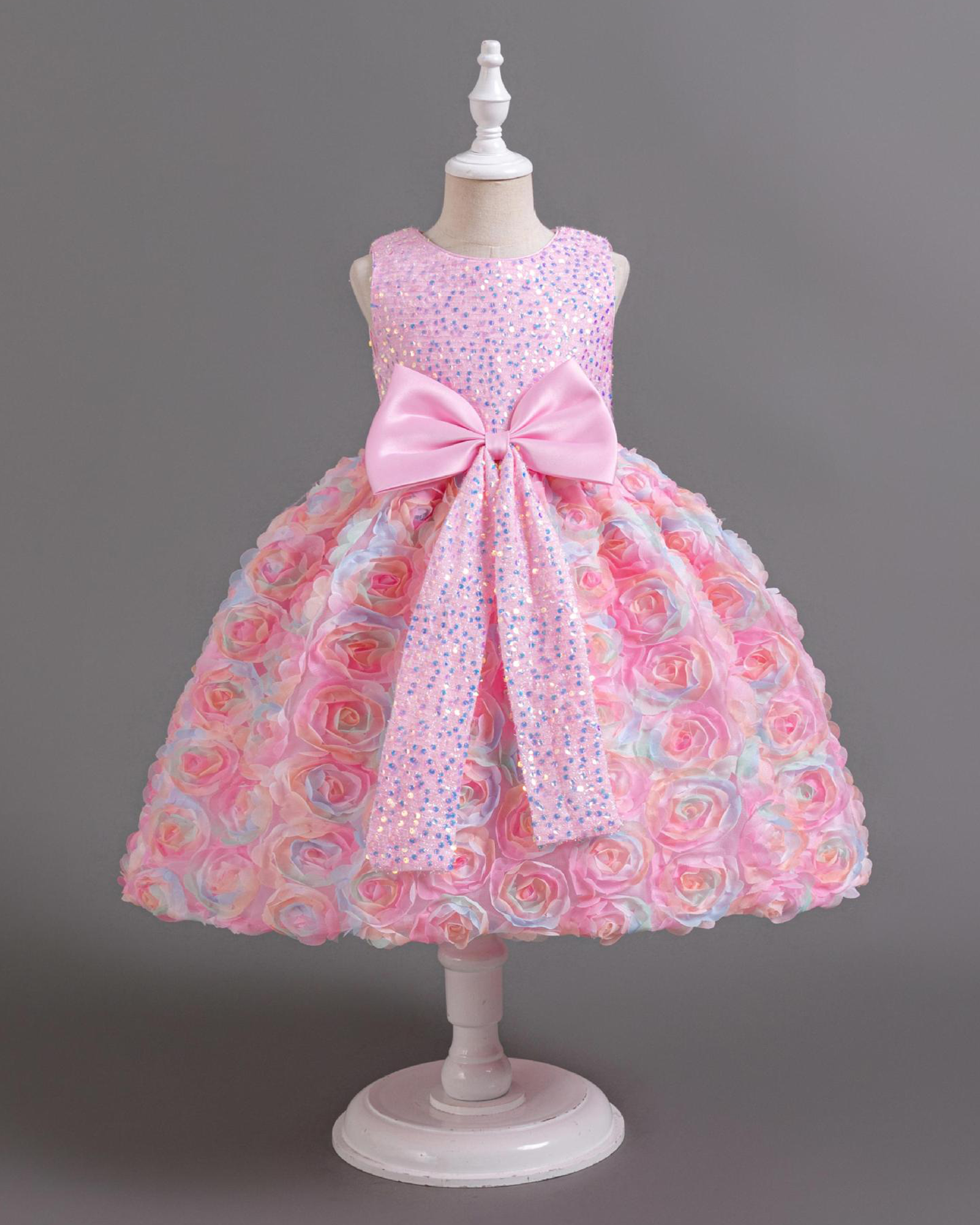 🌹Sparkling Rose Princess Dress – Sequin Bodice & Dramatic Bow ✨