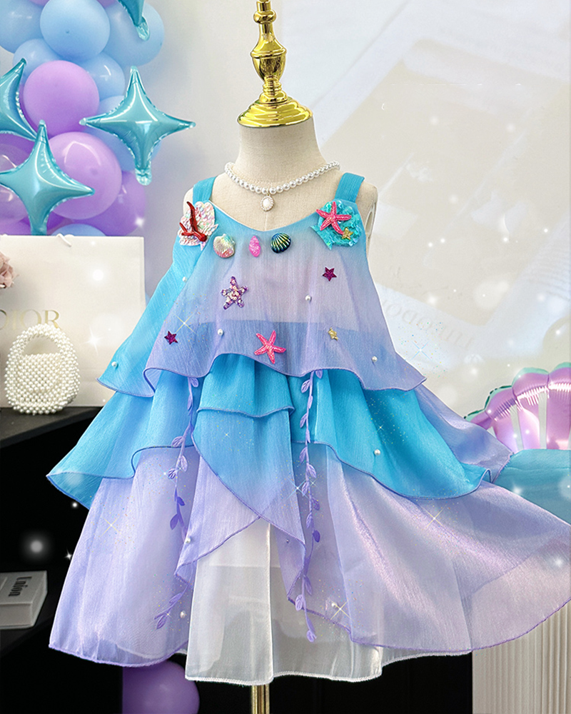 🌊Mermaid Breeze: Flowing Chiffon Gown with Asymmetric Ruffle Layers💃Free headgear