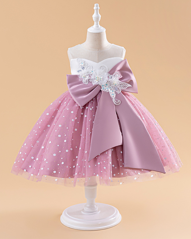 🎀Enchanted Rosette: Tiered Net Skirt with 3D Bow Accent & Botanical Appliqués💃