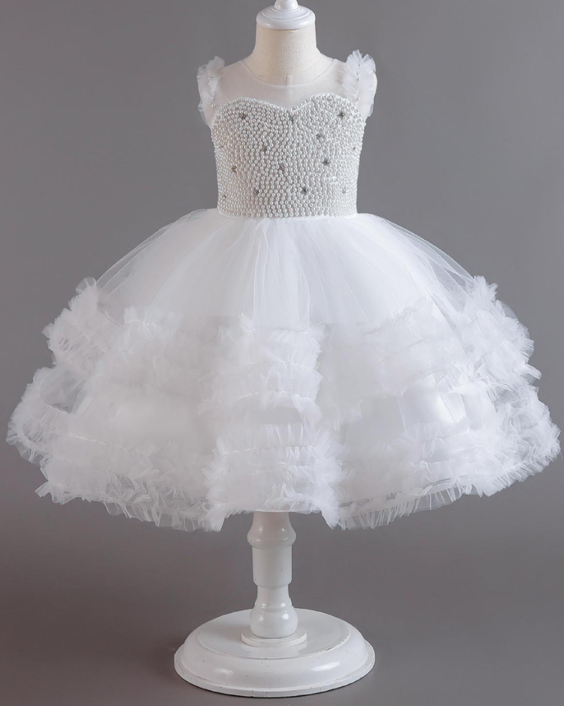 🌙Pearl Embellished Dress – Tulle & Bow Elegance 🌙