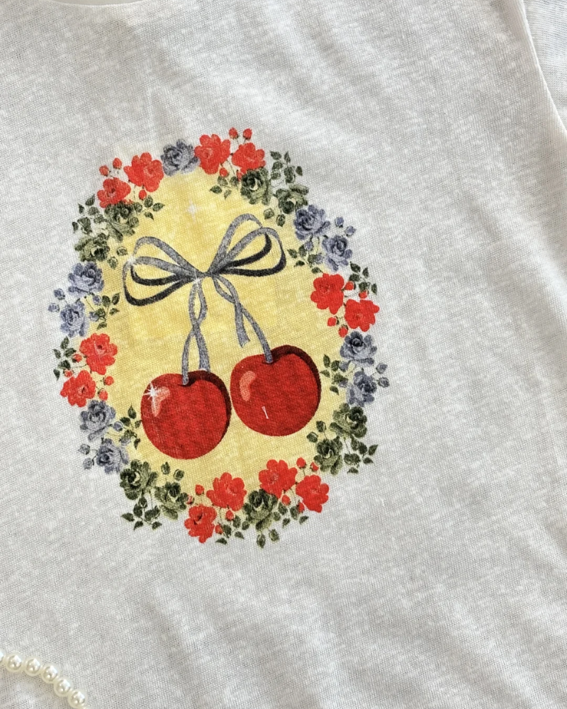 🍒 Vintage Cherry Print Cotton Tee – Sweet, Fresh & Summer-Ready ✨