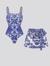 Mediterranean Pattern Ring-Detail 3-Piece Swimsuit Set