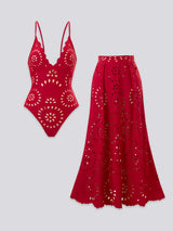 Red Scalloped Eyelet Plunging Swimsuit Set