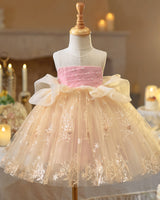 🌷 Pink & Champagne Dress – Pearl Accents 🌷