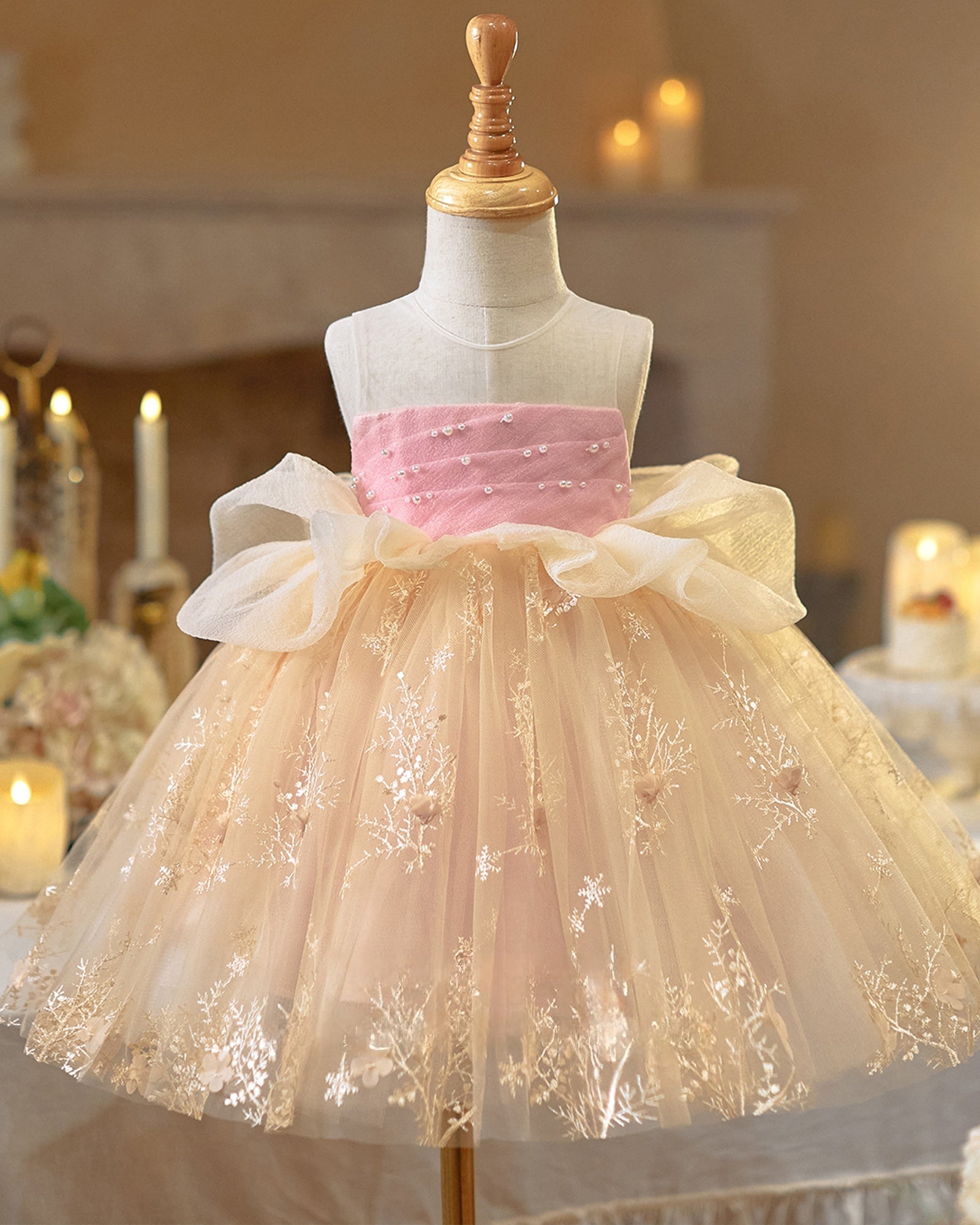 🌷 Pink & Champagne Dress – Pearl Accents 🌷