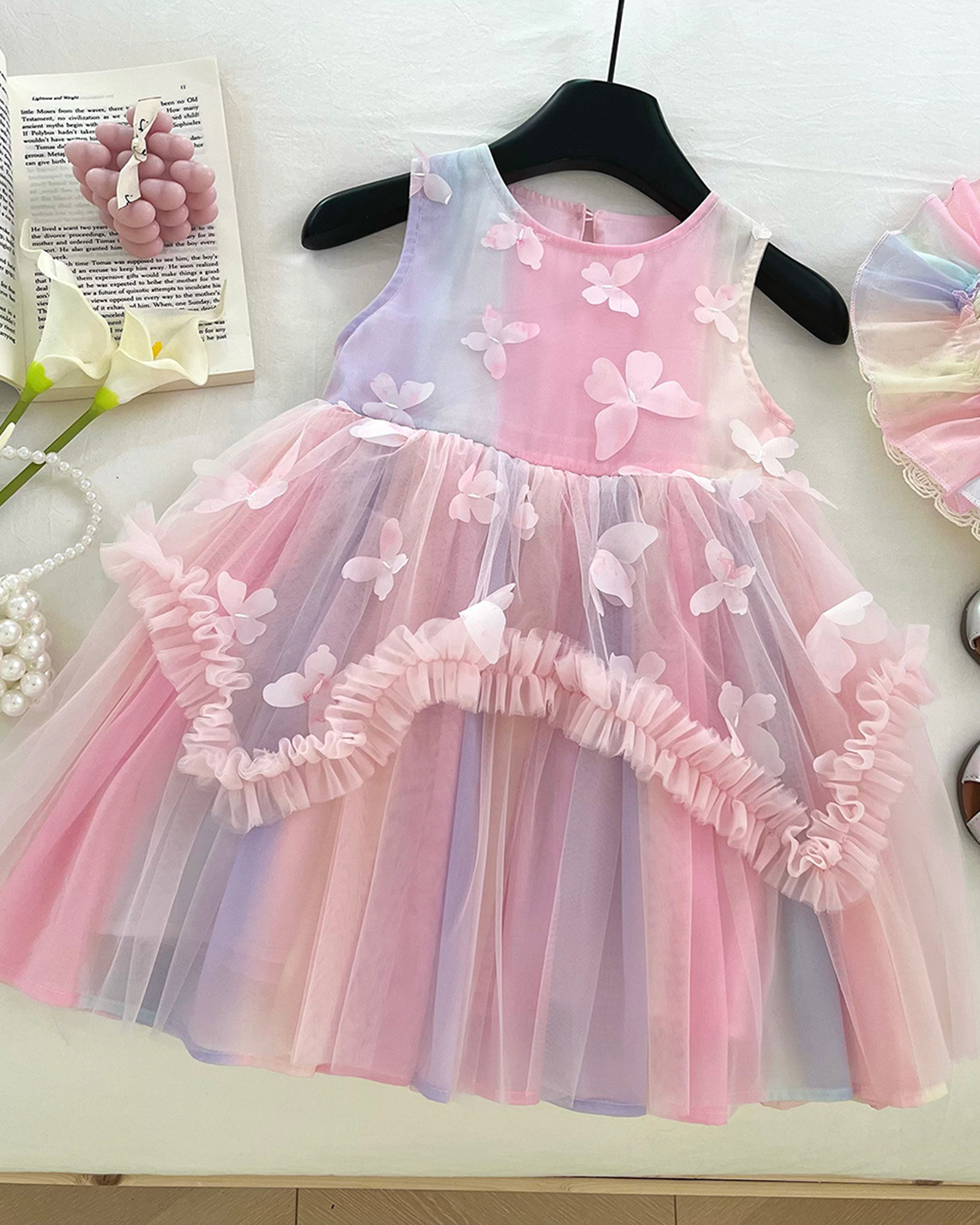 🌈 Rainbow Sleeveless Dress – Flutter & Lace 🦋