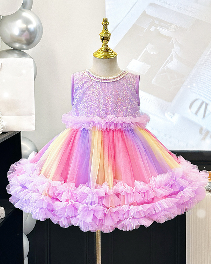 🦄Unicorn Glow: Holographic Net Gown with Gradient Glitter Layers✨