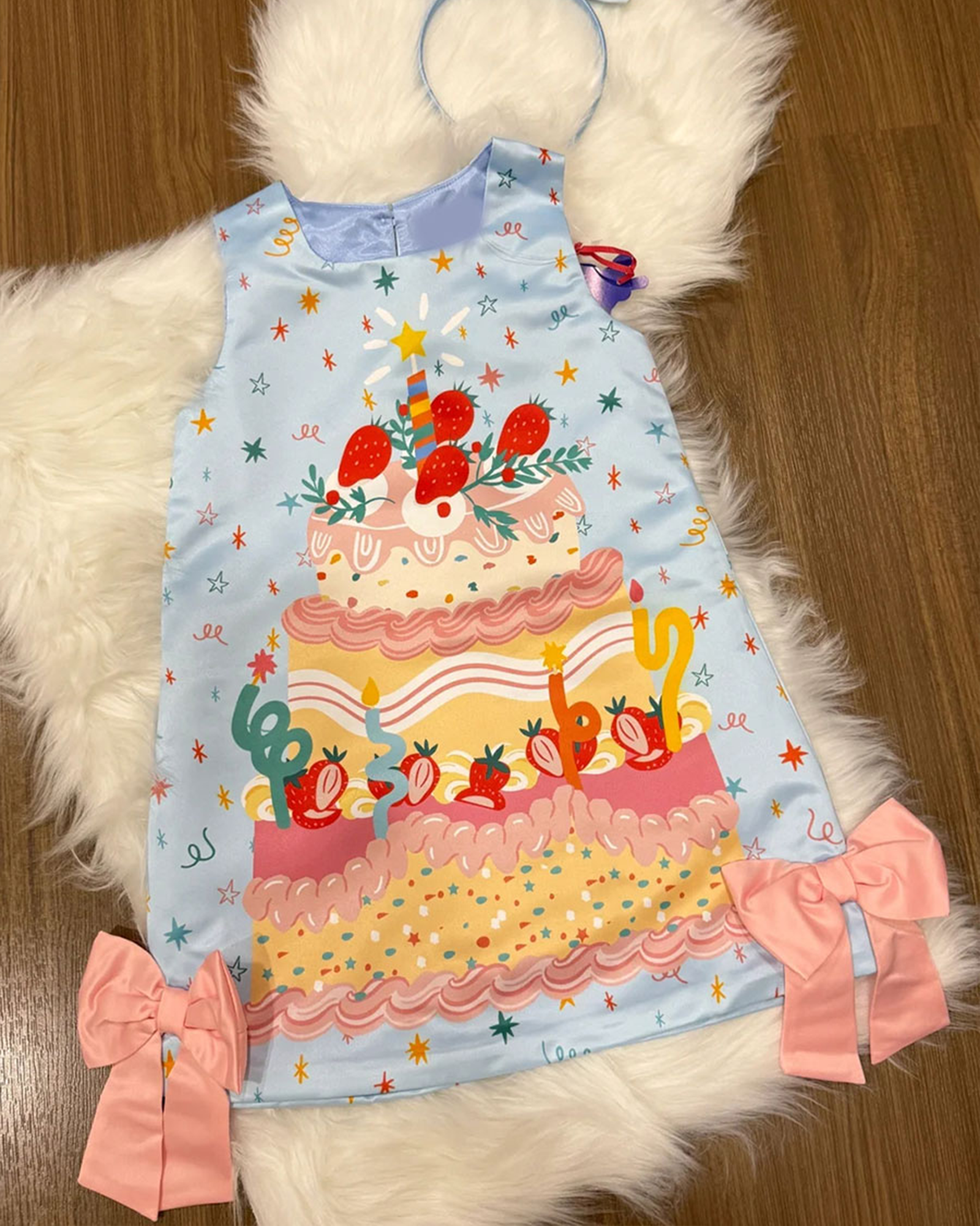 🍰 Cake Print A-Line Dress – Satin & Bows 🍰