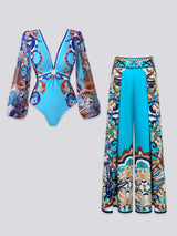 Ornate Pattern Ring-Detail Plunging Swimsuit Set