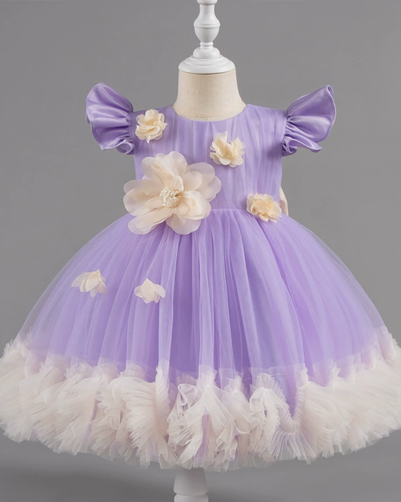 🌺Electric Garden: Striking Color-Block Tulle Dress with Oversized Floral Accents👑
