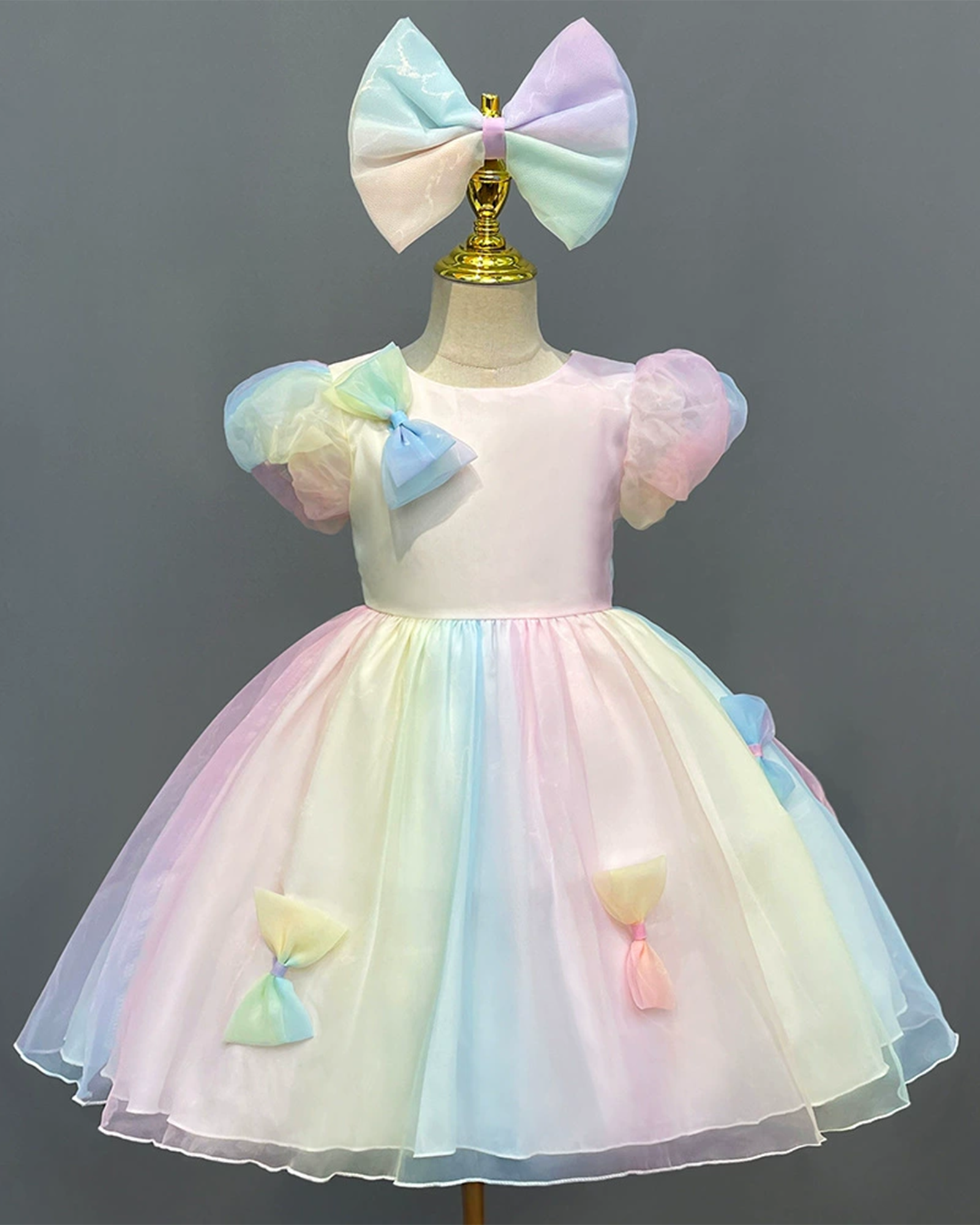🌈 Rainbow Tulle Dress – Whimsy & Bows 🦋