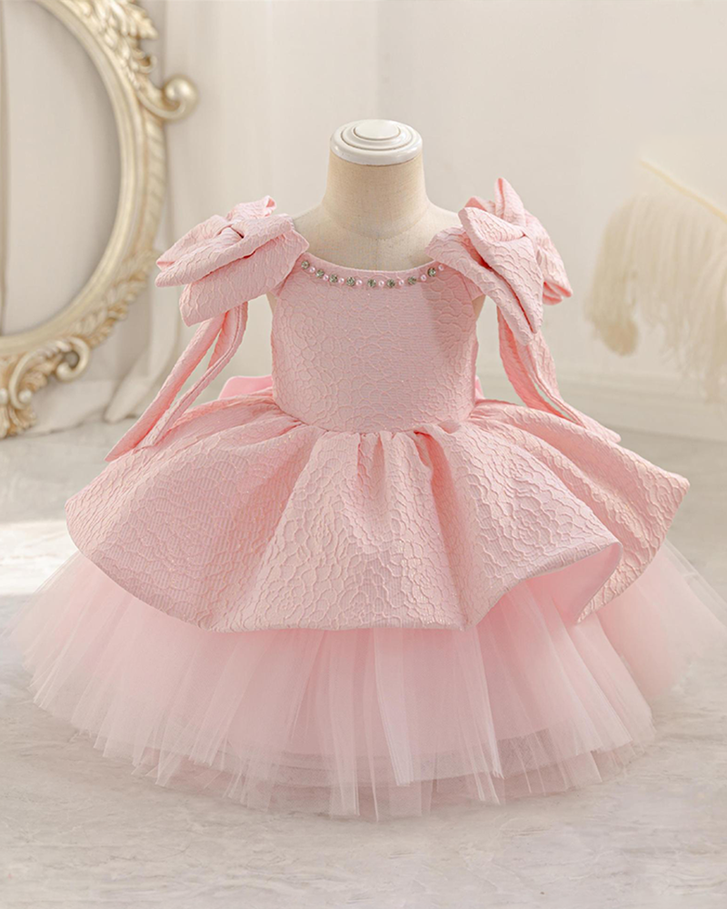 🎀Double Twirl: Tiered Flower Girl Dress with Shoulder Bow Accents✨