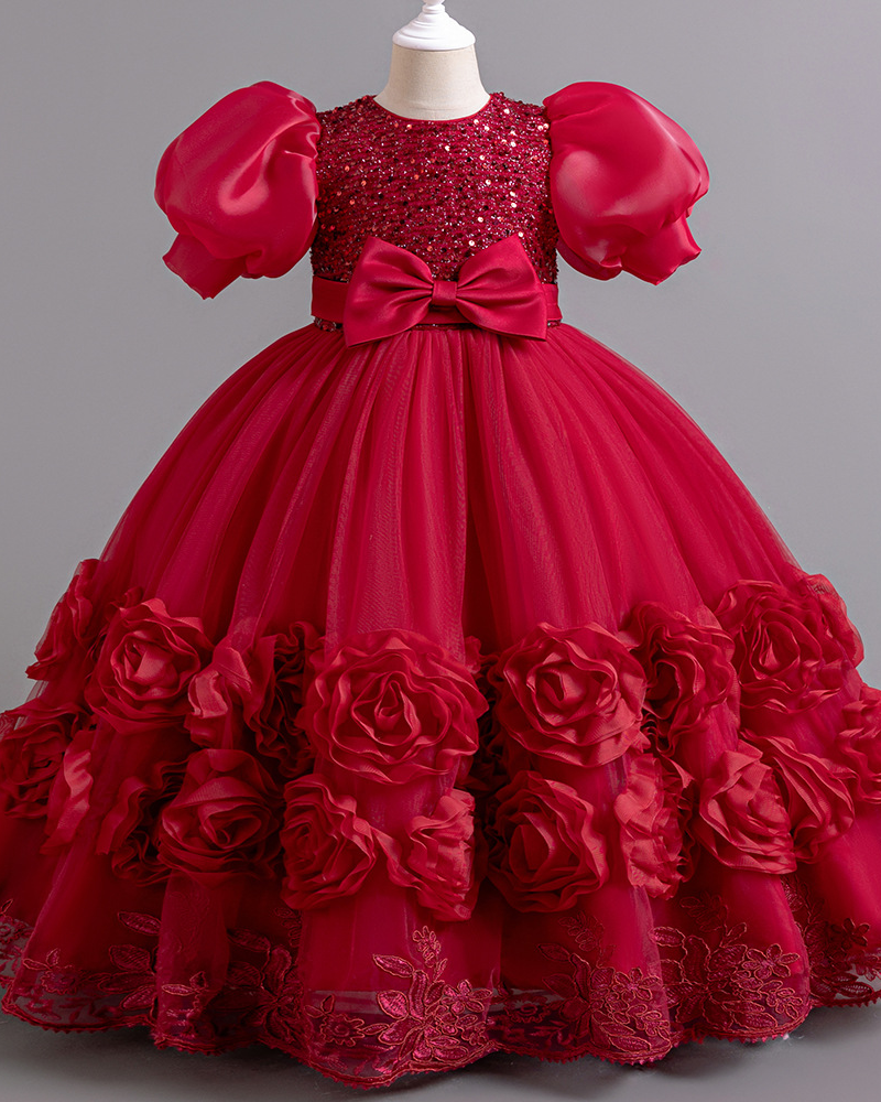 ✨Sparkle Garden Dress – Sequin Blooms & Bow 🌸