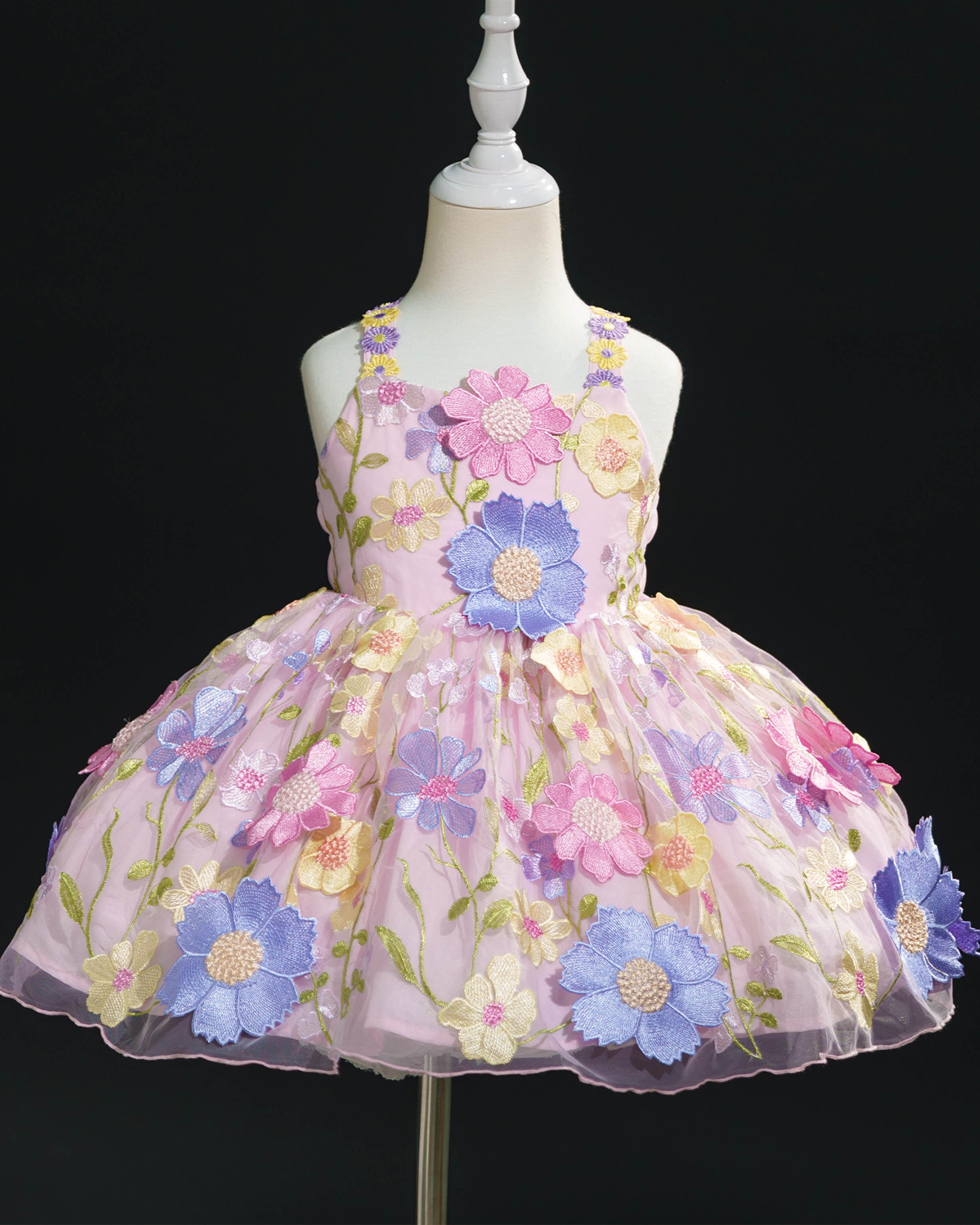 🌺Garden Party: Hand-Stitched Bloom Net Dress with Tiered Ruffles🎀