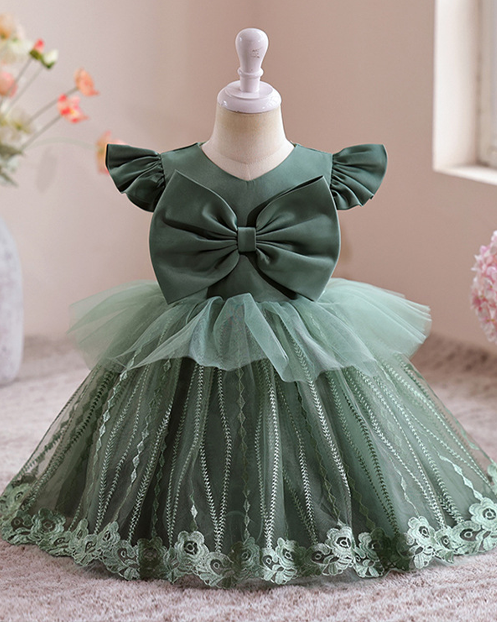 🌷 Satin & Embroidered Dress – Bow Delight 🌷