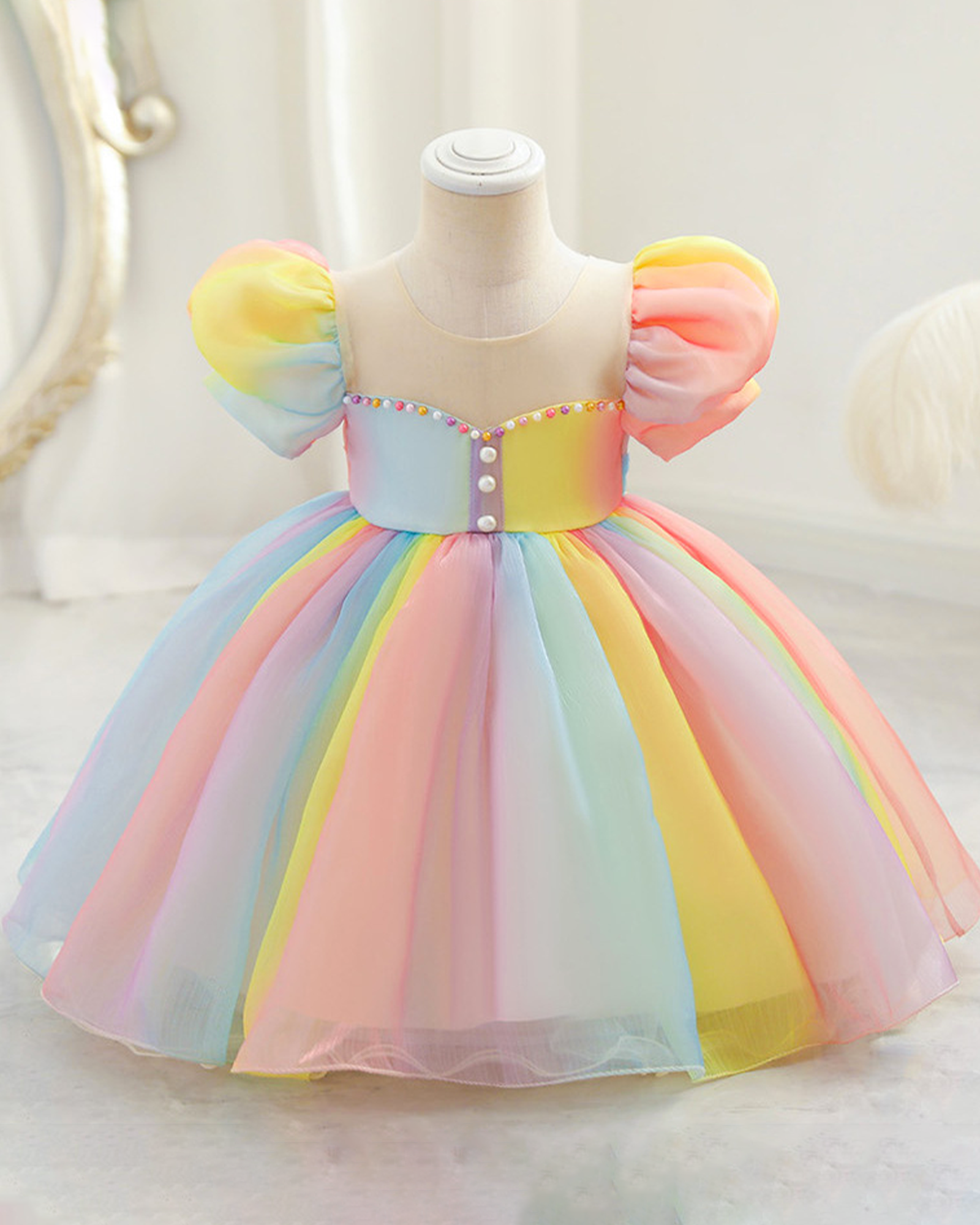 🌈Rainbow Cloud Puff Dress – Pearl Accents 🌈