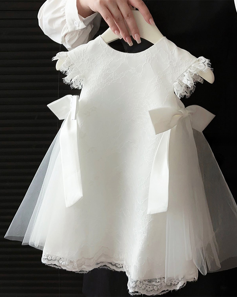 🎀Ivory Angel: Pure White Lace Flower Girl Dress with Silk Bow 👼