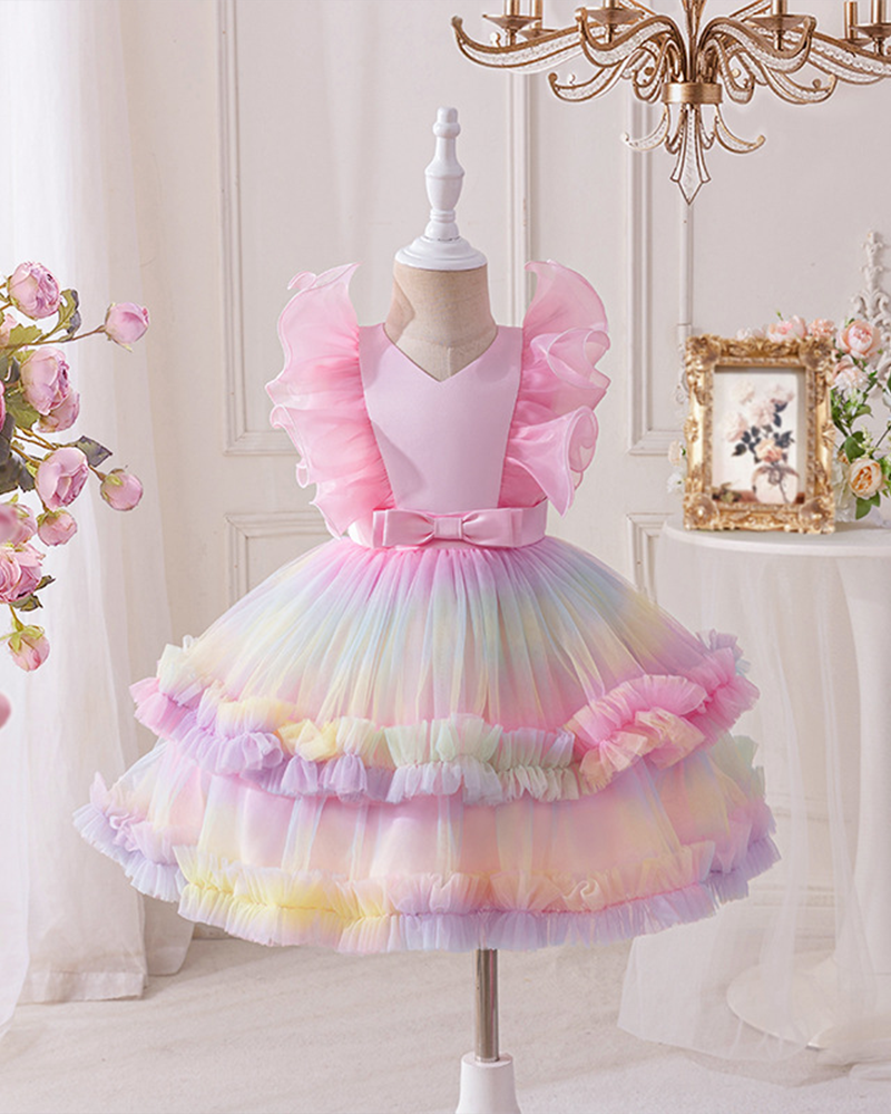 🌺Sunset Twirl: Gradient Chiffon Dress with Voluminous Rainbow Layers 💃