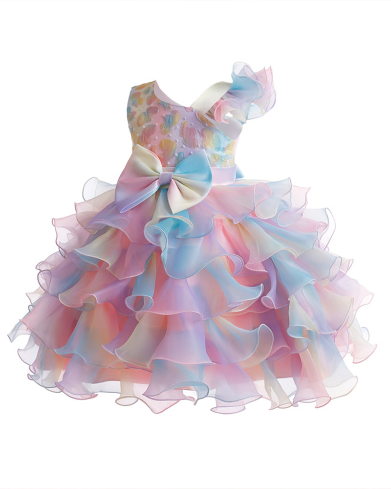 🌈Rainbow Ruffle Dream : Color-Flow Tulle Dress with Cascading Lace for Little Stars ✨