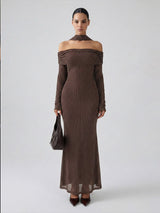 All-over Sparkling Mesh Column  Off-the-Shoulder Maxi Dress