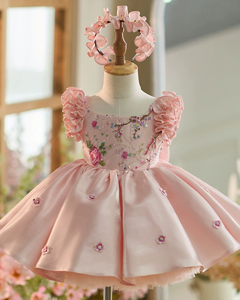 🌸Beaded Blossom Dream: Handcrafted Floral Pink Tulle Dress for Little Princesses✨