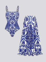 Mediterranean Pattern Ring-Detail 3-Piece Swimsuit Set