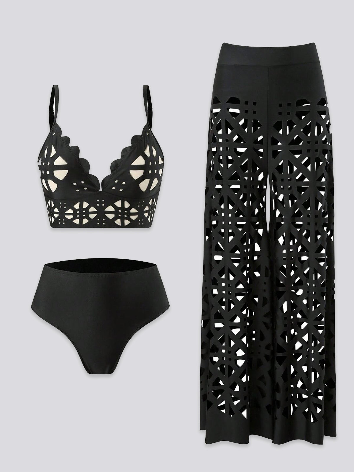 Architectural Laser-Cut Scalloped Wide-Leg Swimsuit Set