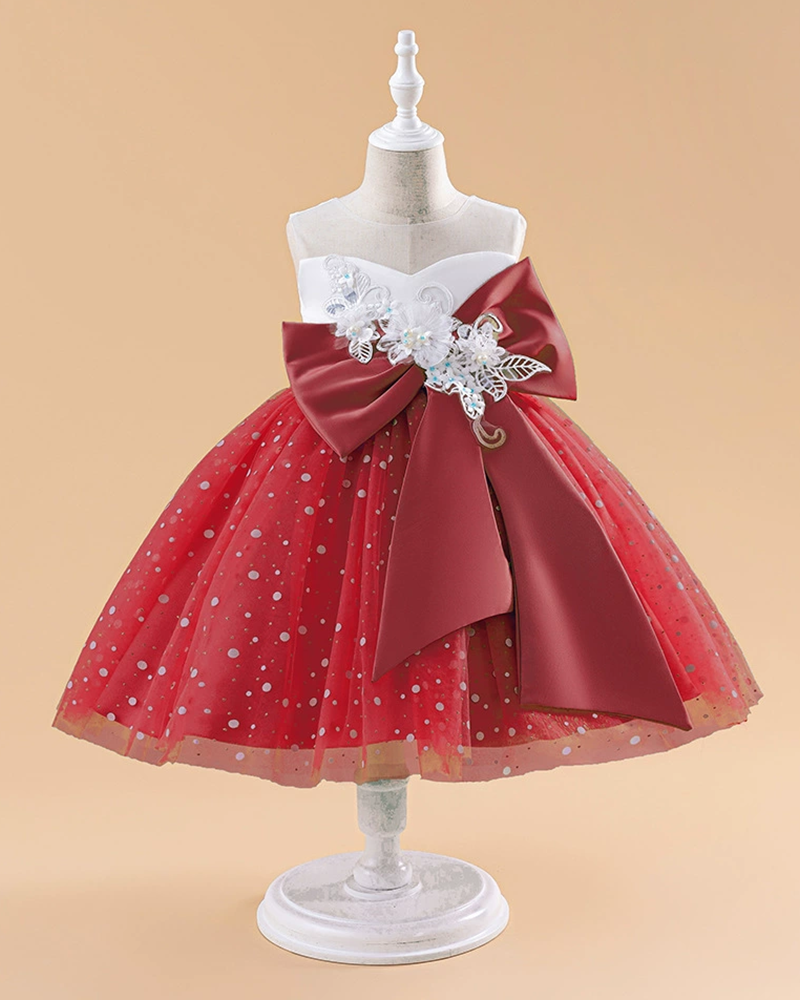 🎀Enchanted Rosette: Tiered Net Skirt with 3D Bow Accent & Botanical Appliqués💃