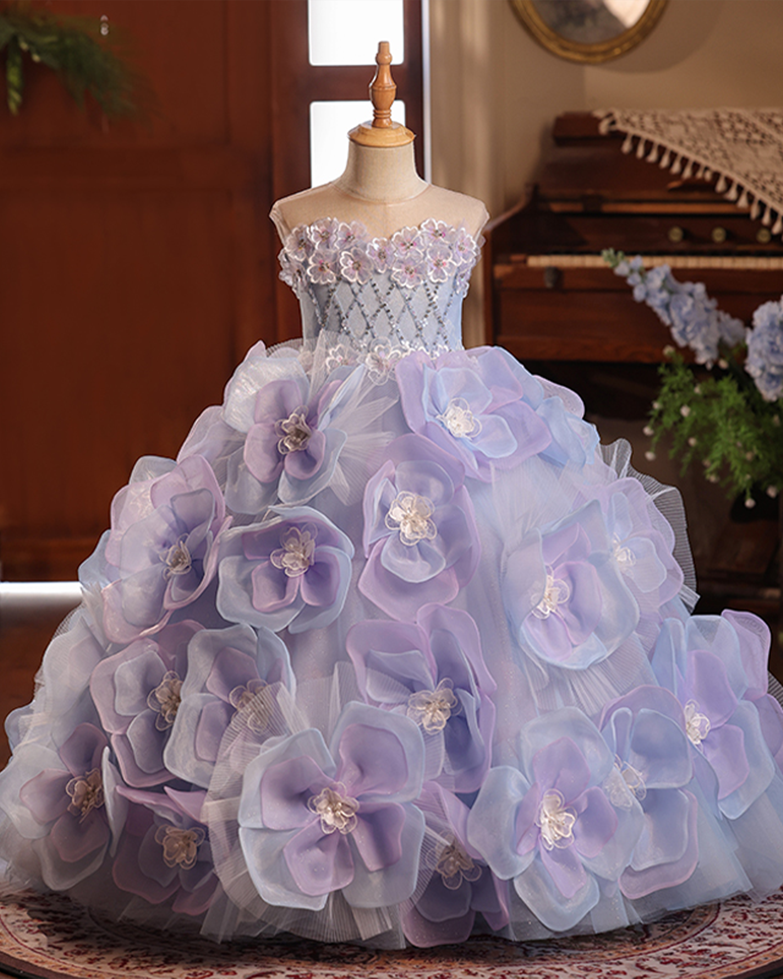 🌸Blooming Couture : Handcrafted 3D Floral Ball Gown with Oversized Fabric Blossoms✨