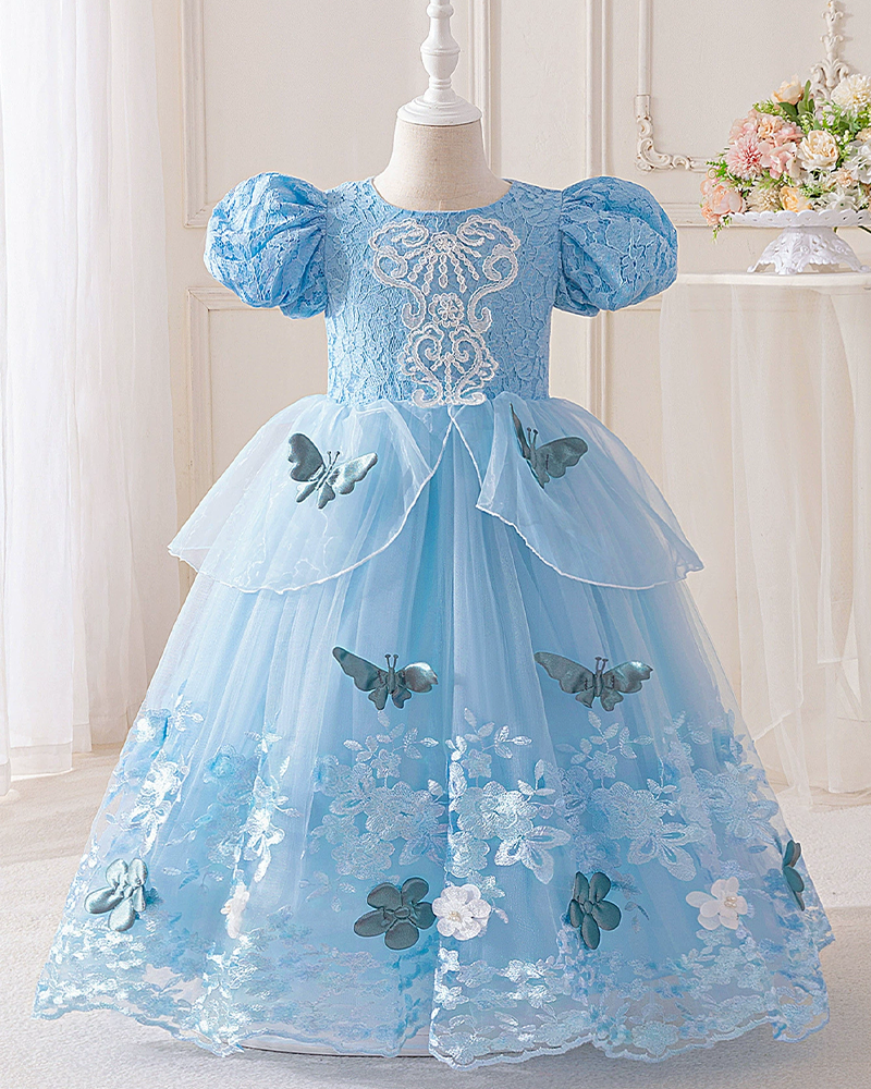 🦋Cinderella's Secret Garden: Lace-Trimmed Tulle Gown with Enchanted Butterfly Details✨