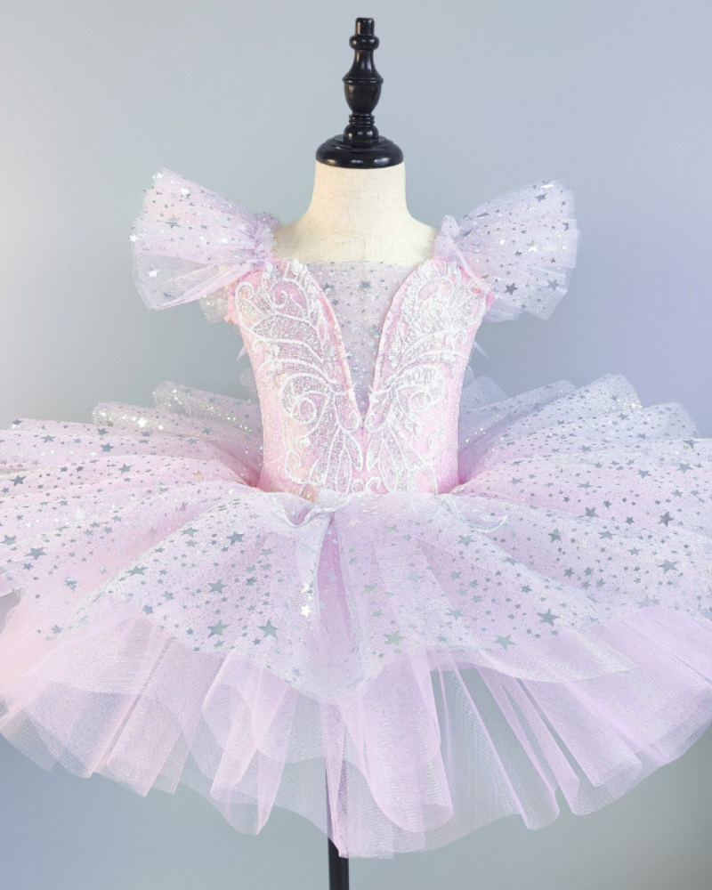 🌟 Starry Fairy Tutu Dress – Flutter Sleeves, Glitter & Butterfly Magic ✨