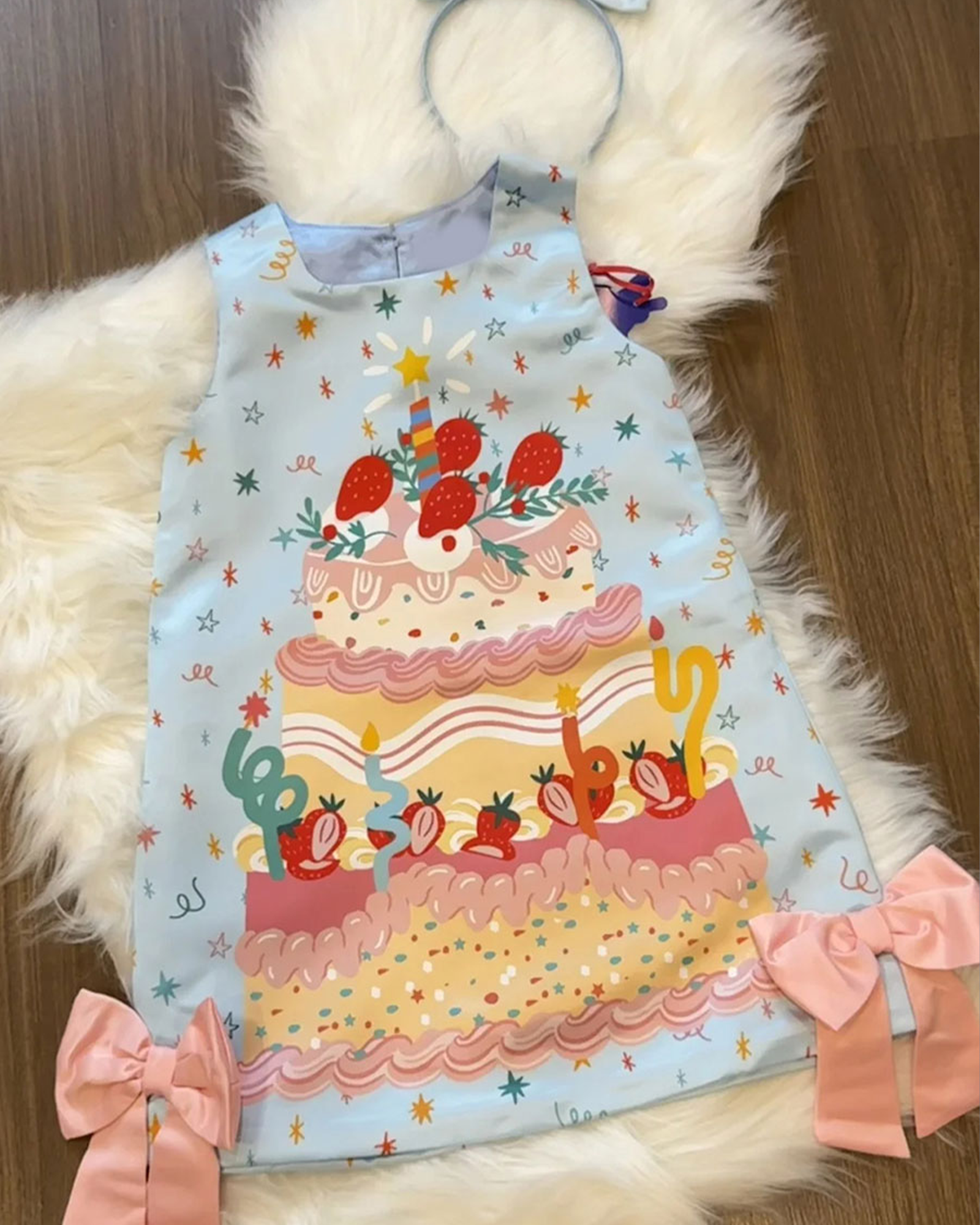 🍰 Cake Print A-Line Dress – Satin & Bows 🍰
