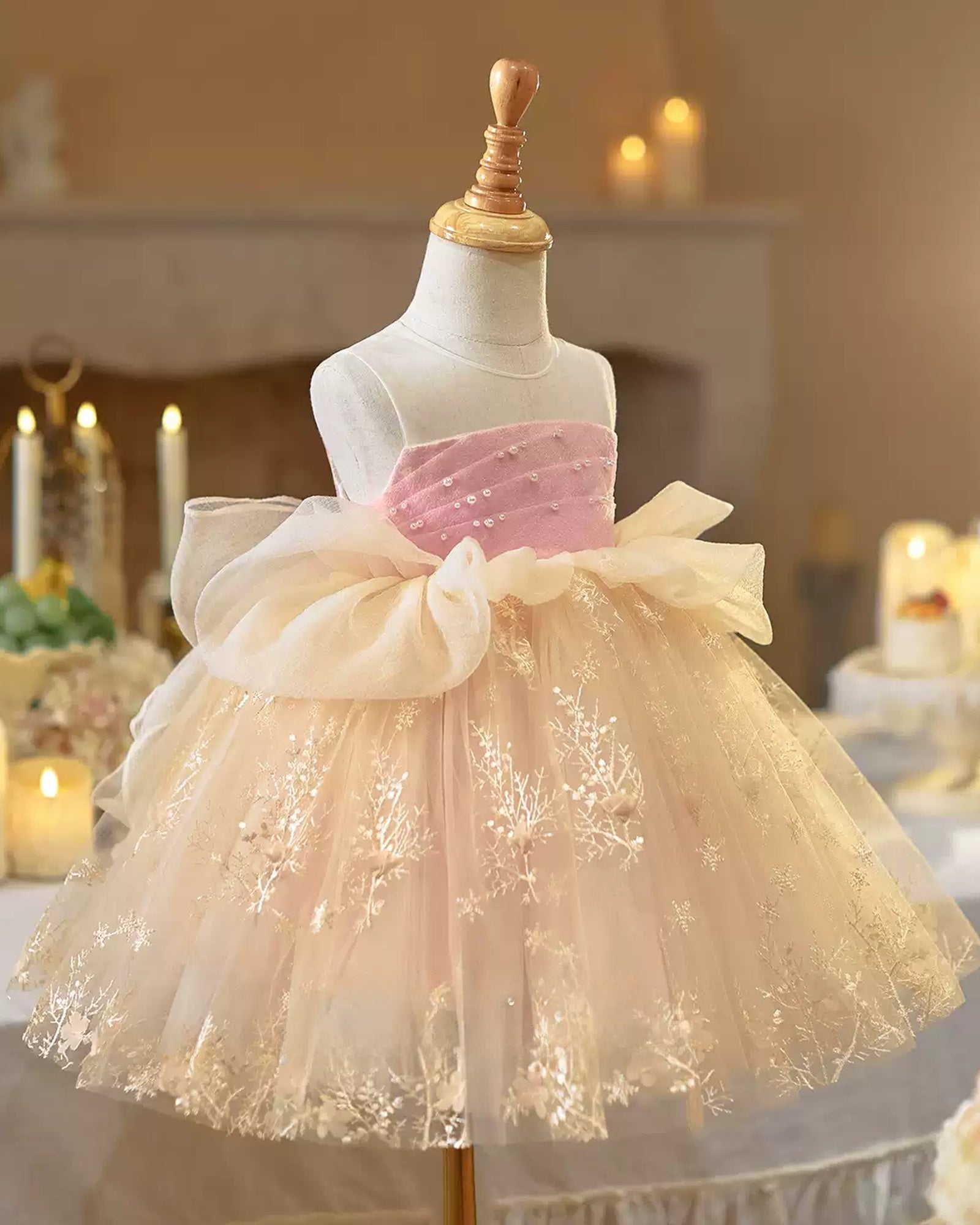 🌷 Pink & Champagne Dress – Pearl Accents 🌷
