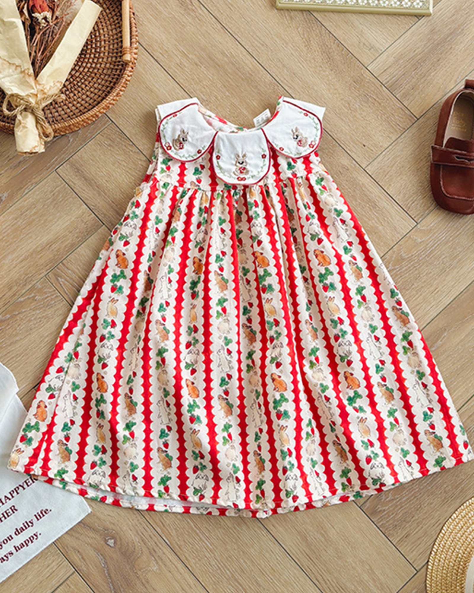🐰 Bunny Stripe Dress – Floral Collar Charm 🐰
