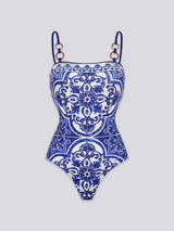 Mediterranean Pattern Ring-Detail 3-Piece Swimsuit Set
