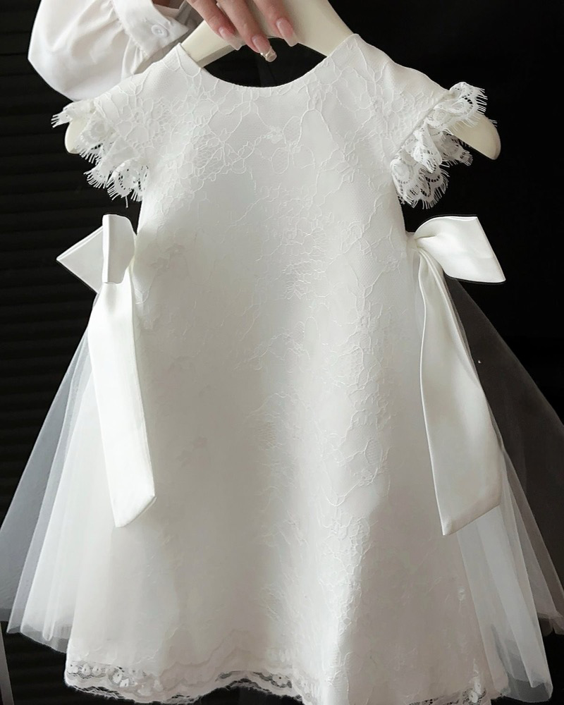 🎀Ivory Angel: Pure White Lace Flower Girl Dress with Silk Bow 👼