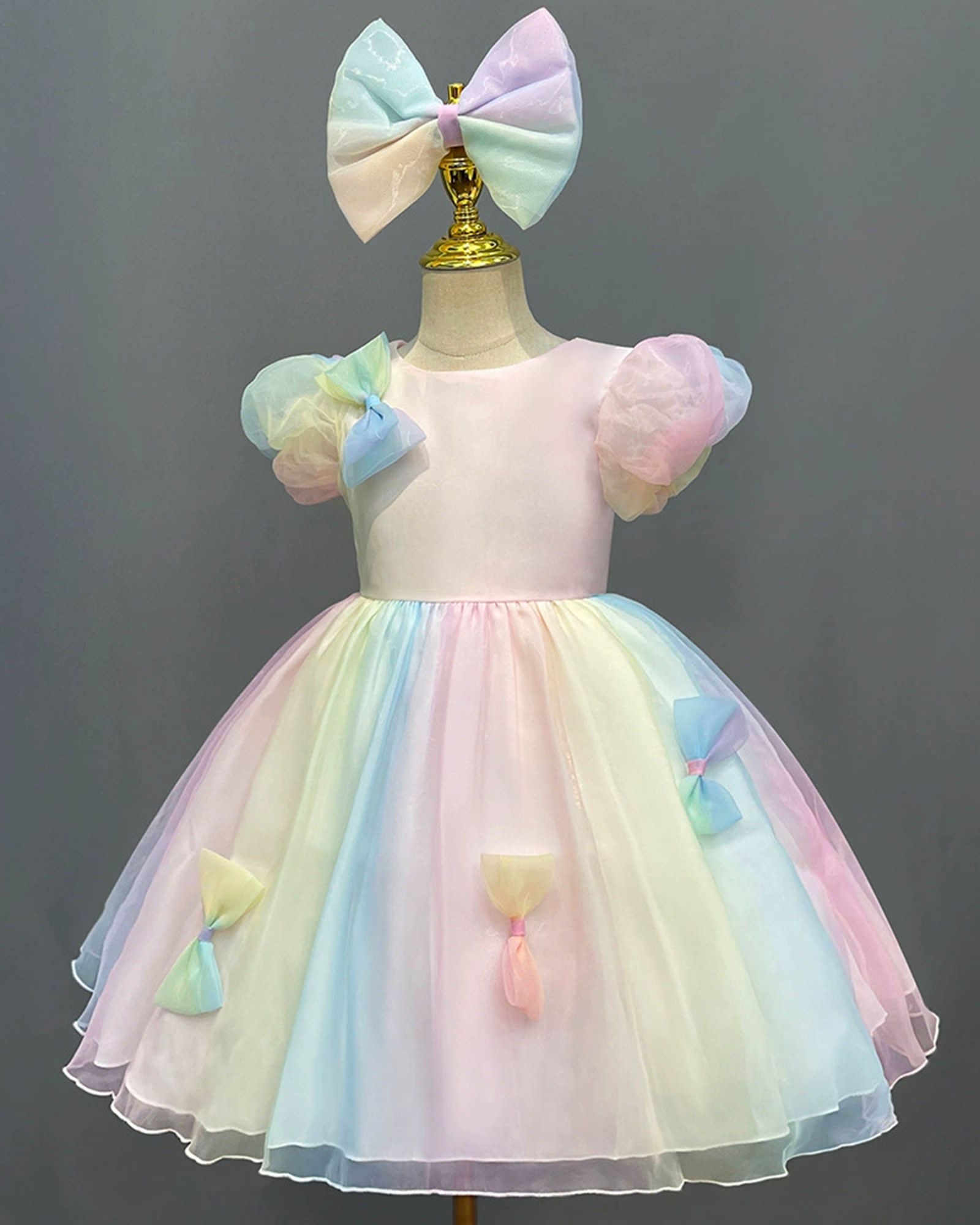 🌈 Rainbow Tulle Dress – Whimsy & Bows 🦋