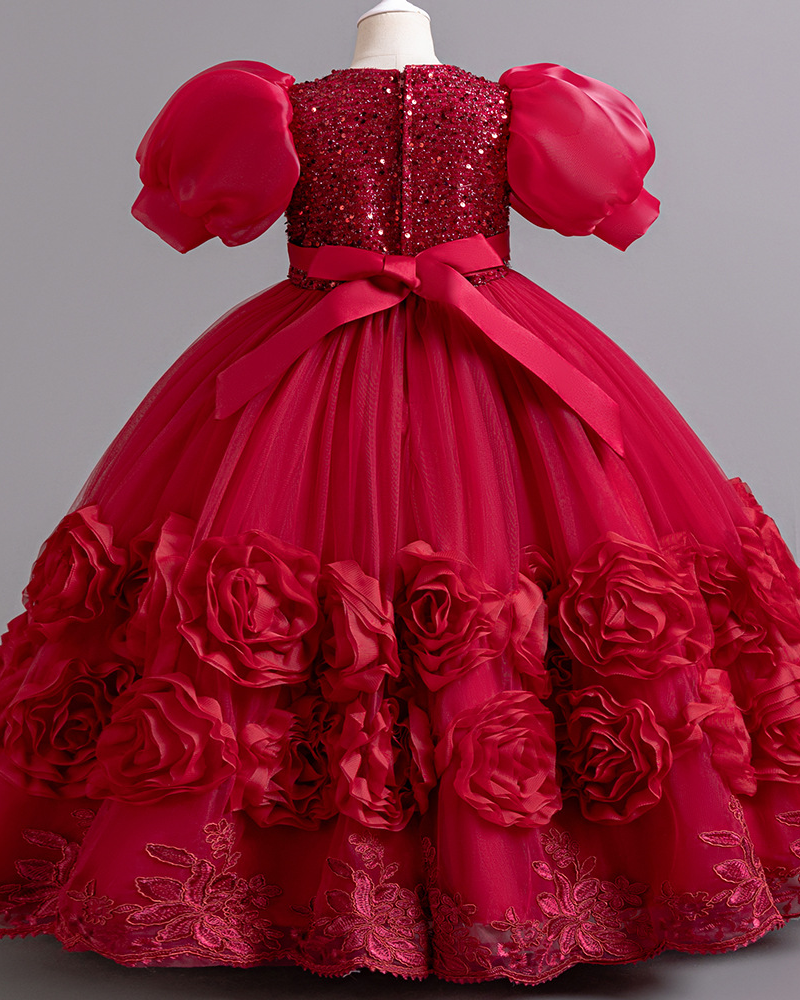 ✨Sparkle Garden Dress – Sequin Blooms & Bow 🌸