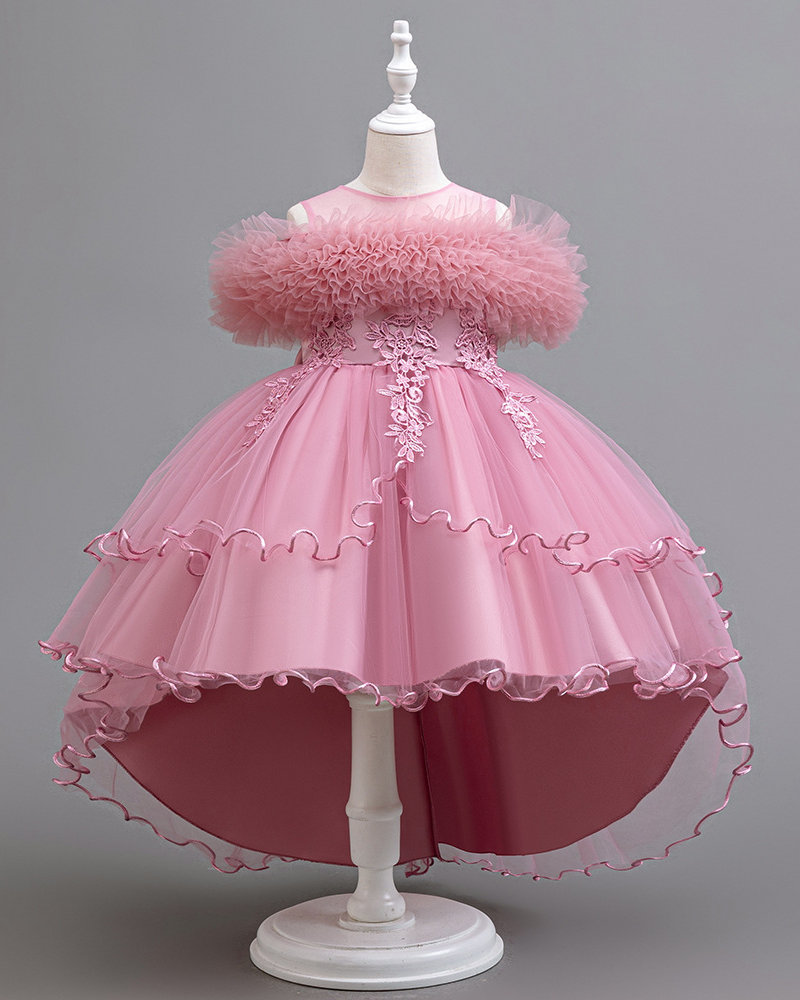 🌹Blossom Cascade: Lace-Flower Tiered Hem Dress for Little Ladies" 👗