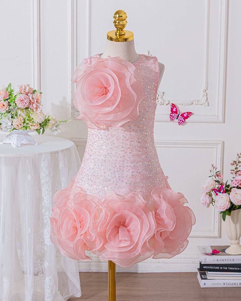 🌸 Blooming Cutie: 3D Floral Mini Ball Gown for Little Divas 👑