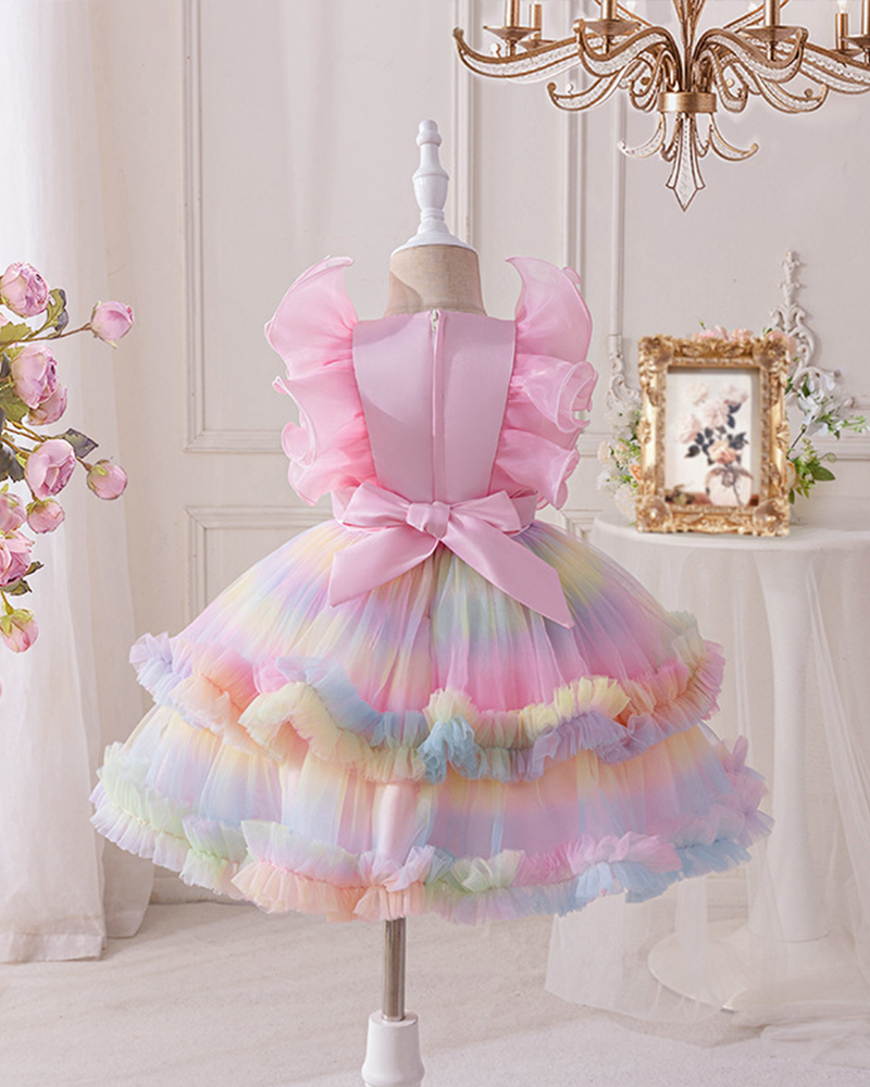 🌺Sunset Twirl: Gradient Chiffon Dress with Voluminous Rainbow Layers 💃